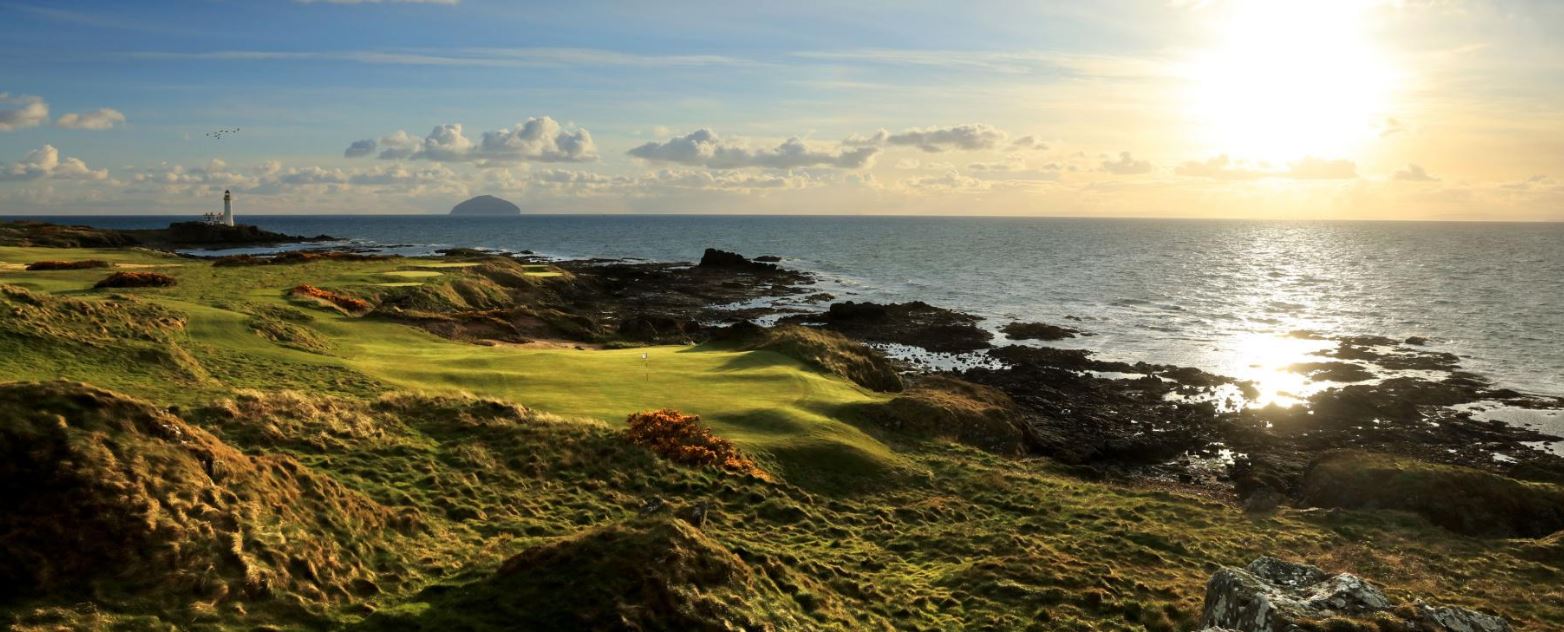 Looking at the Ailsa Craig from the mainland, Trump Resort, Turnberry, Scotland, United Kingdom