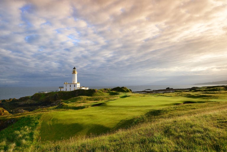 Overlooking the lighthouse and sea beyond the Ailsa Course, Trump Resort, Turnberry, Scotland, United Kingdom