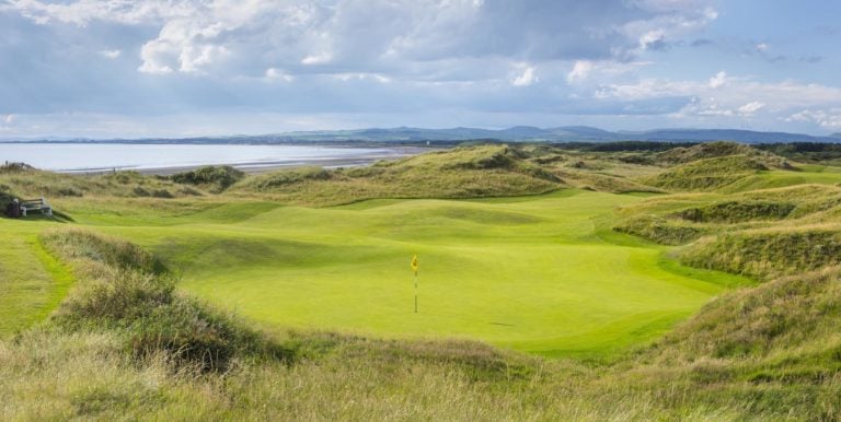 Viewing the ocean from the 8th green at The Western Gailes Golf Club, Ayrshire, Scotland, United Kingdom