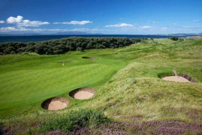 Looking down upon the 6th green at The Western Gailes Golf Club, Ayrshire, Scotland, United Kingdom