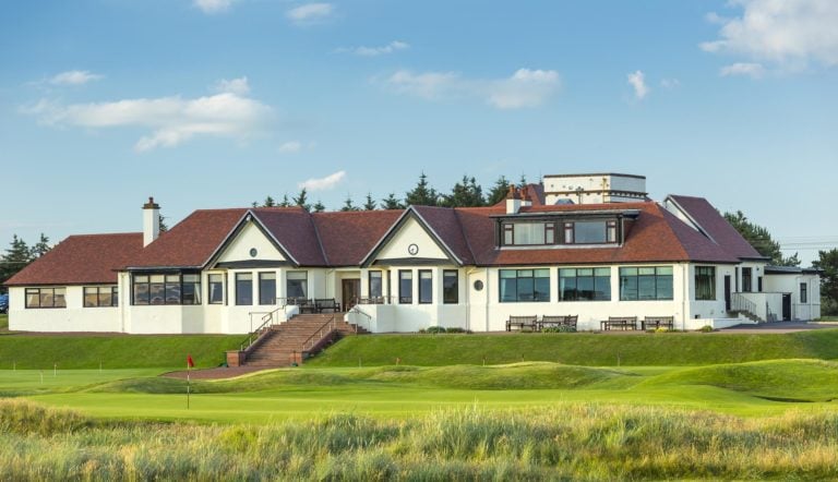 view of the clubhouse at The Western Gailes Golf Club, Ayrshire, Scotland, United Kingdom