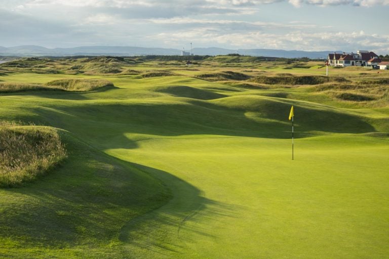 Overlooking the rolling green hills of the The Western Gailes Golf Club, Ayrshire, Scotland, United Kingdom