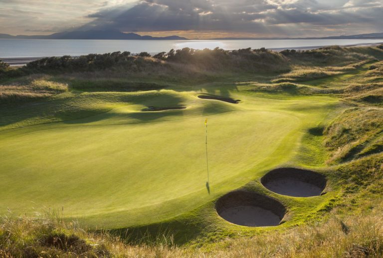 Overlooking a green at The Western Gailes Golf Club, Ayrshire, Scotland, United Kingdom