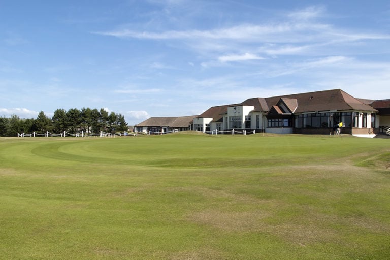 View of the clubhouse at Kilmarnock Barrassie Links, Troon, Scotland, United Kingdom