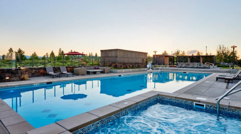 Image displaying the jacuzzi and outdoor swimming pool t Tetherow Resort, Bend, Oregon, USA