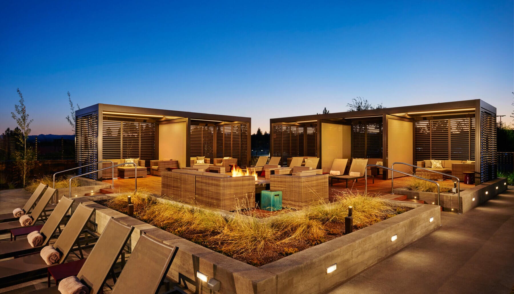 Image displaying the many cabanas at Tetherow Resort, Bend, Oregon, USA