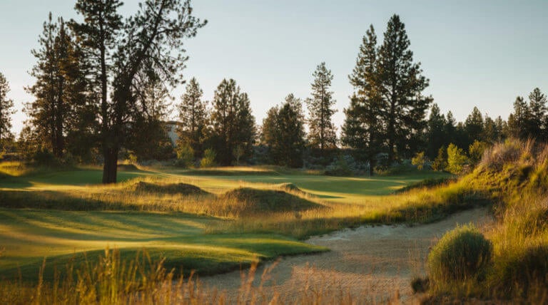 Image of a links style layout golf course at Tetherow Resort, Bend, Oregon, USA