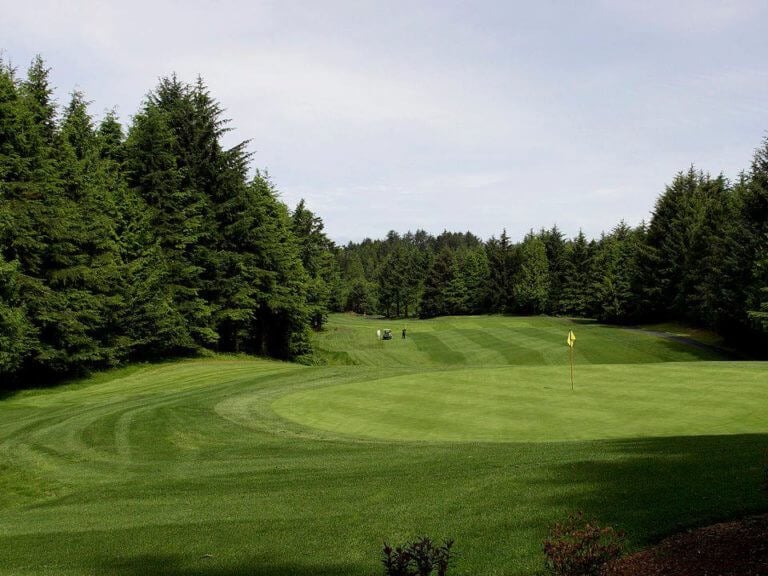 Image overlooking a green as players hit their golf balls, Salishan Resort, Oregon, USA