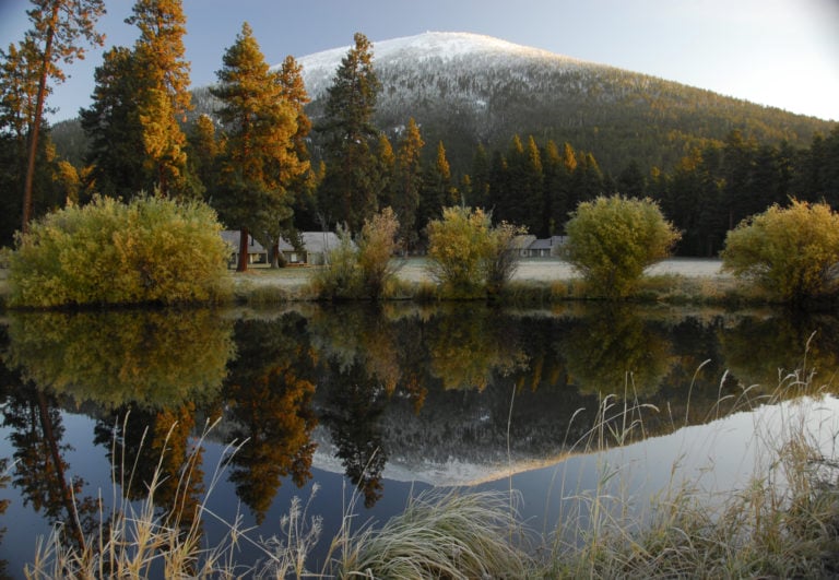 Image of the Black Butte with snow on top, Black Butte Ranch, Oregon, USA