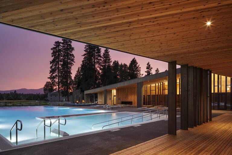 Image of the Lakeside pool as the setting sun goes down, Black Butte Ranch, Oregon, USA