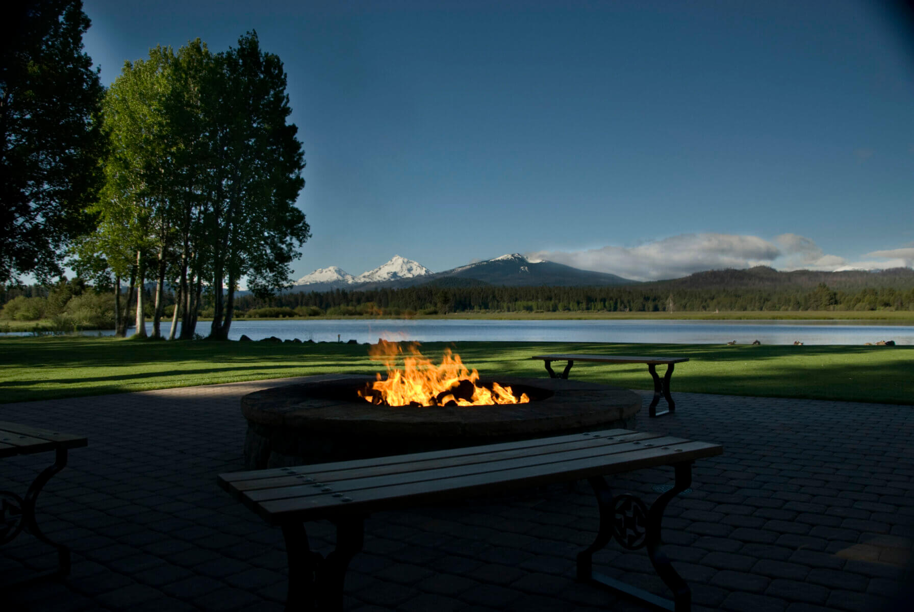 Image of a firepit on the lodge deck at Black Butte Ranch, Oregon, USA