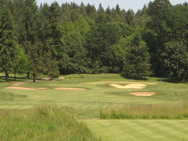 Looking up the 8th fairway and green from the tee boxes on the 8th hole, Pumpkin Ridge Witch Hollow Golf Course, Oregon, USA