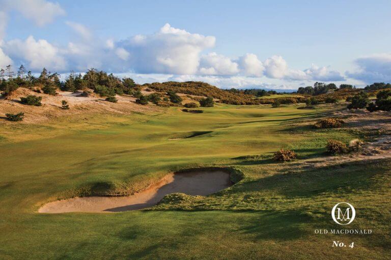 Overlooking a natural valley littered with hazards on the 4th hole of the Old Macdonald Golf Course, Bandon Dunes Golf Resort, Oregon, USA