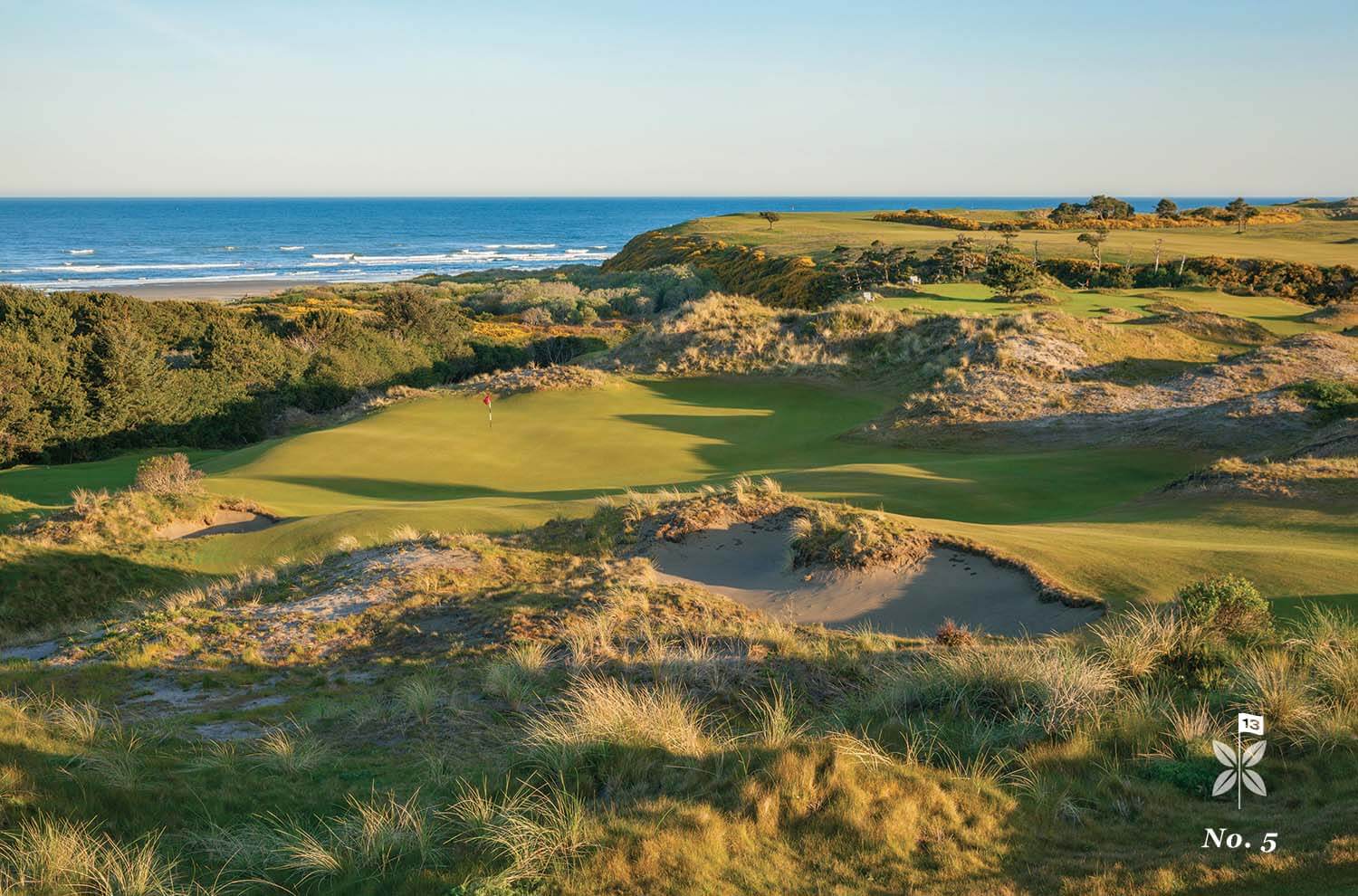 Aerial Image looking down at the green of the 5th hole, Bandon Preserve Golf Course, Bandon Dunes Golf Resort, Oregon, USA
