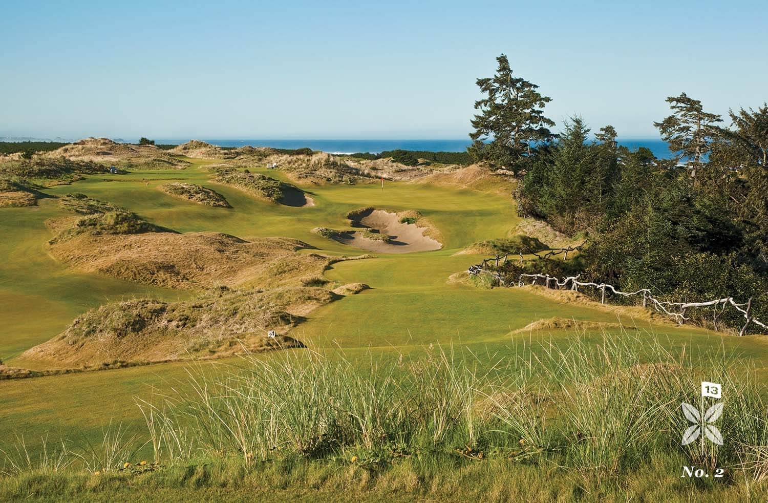 Overlooking the fairway and green of the 2nd hole, Bandon Preserve Golf Course, Bandon Dunes Golf Resort, Oregon, USA