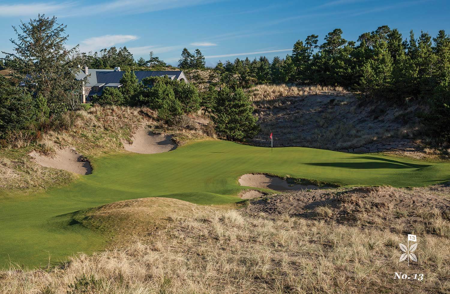 Image overlooking the wild grass and sheltered green on the last hole of the golf course, Bandon Preserve Golf Course, Bandon Dunes Golf Resort, Oregon, USA
