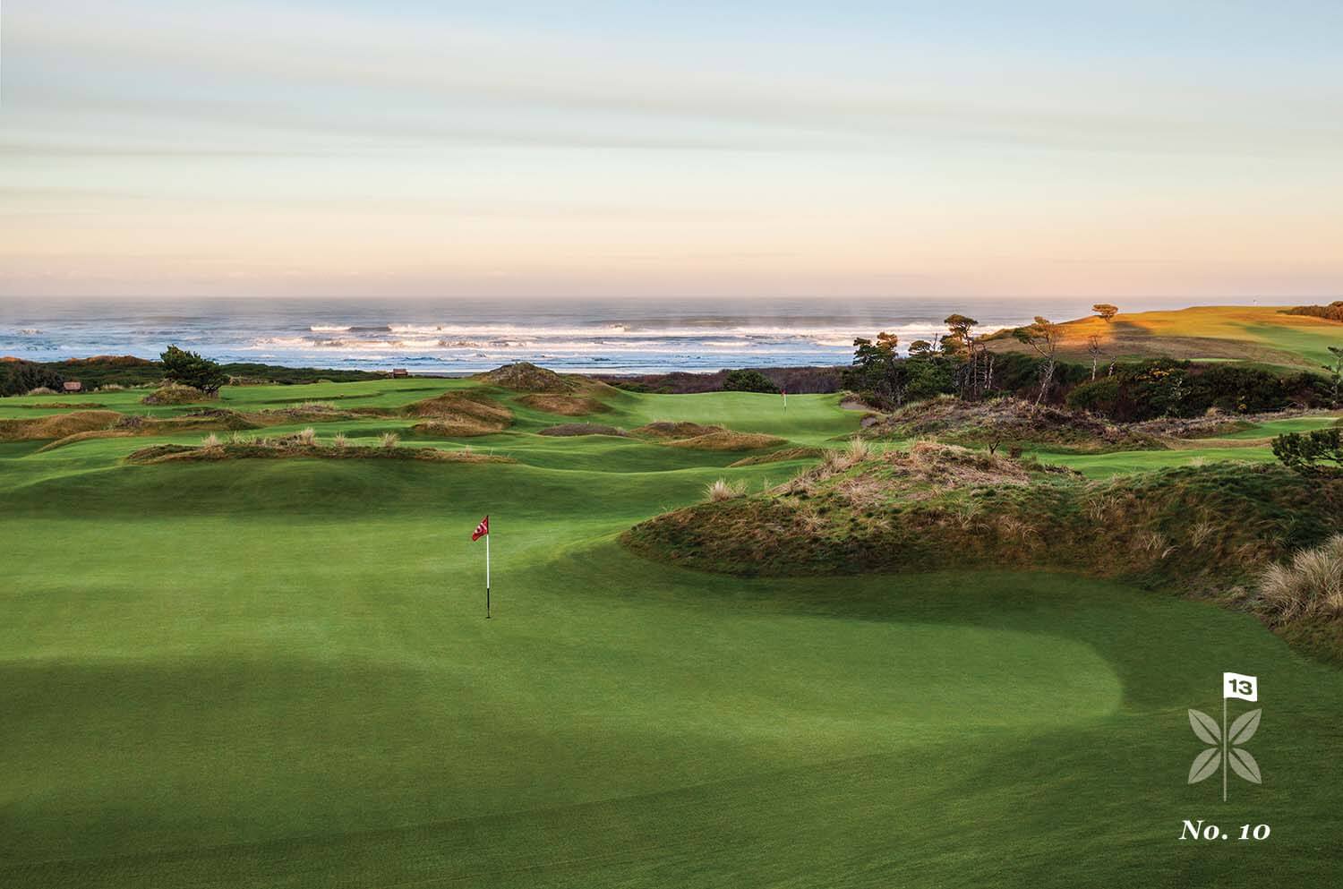 Depicting the large green of the 10th hole on the Bandon Preserve Golf Course, Bandon Dunes Golf Resort, Oregon, USA