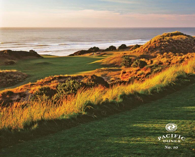 Depicting the setting sun bathing the 10th hole, Pacific Dunes Golf Course, Bandon Dunes Golf Resort, Oregon, USA