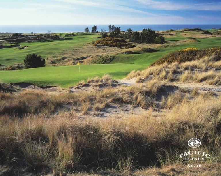 Image of wild grass and sheltered green on the 16th hole, Pacific Dunes Golf Course, Bandon Dunes Golf Resort, Oregon, USA