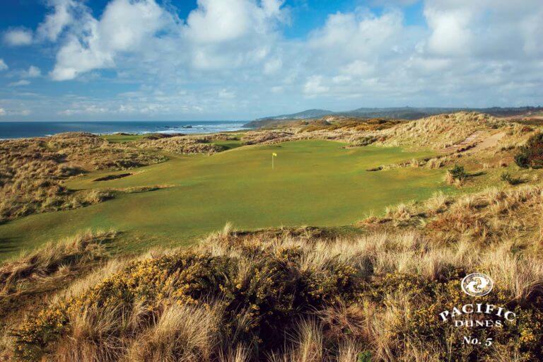 Image of the 5th green and wild surrounding hillocks at Pacific Dunes Golf Course, Bandon Dunes Golf Resort, Oregon, USA