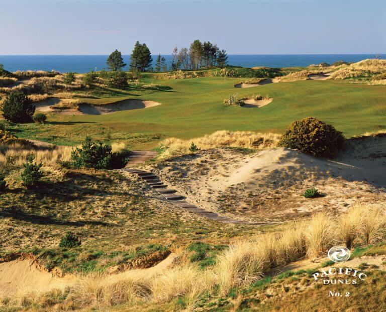 Image of the wild links style 2nd hole at Pacific Dunes Golf Course, Bandon Dunes Golf Resort, Oregon, USA