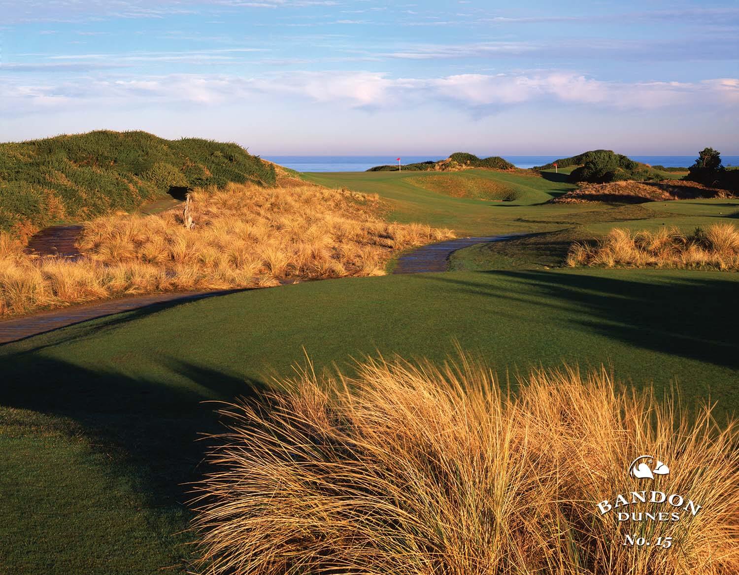 Depicting wild grass and a green at sunset on the Bandon Dunes Golf Course, Bandon, Oregon, USA