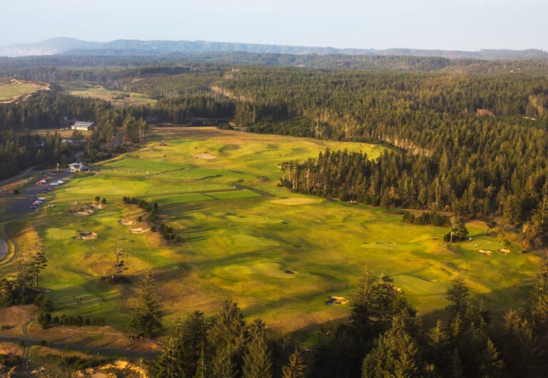 Overlooking the practice facilities at Bandon Dunes Golf Resort, Oregon, USA