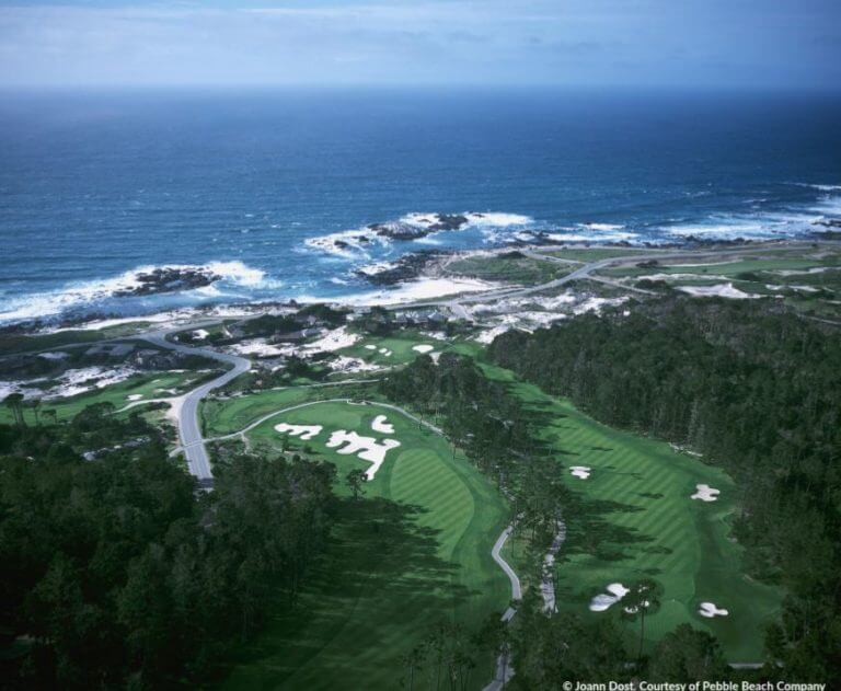 Aerial image overlooking Spyglass Hill Golf Course, Pebble Beach, California, USA