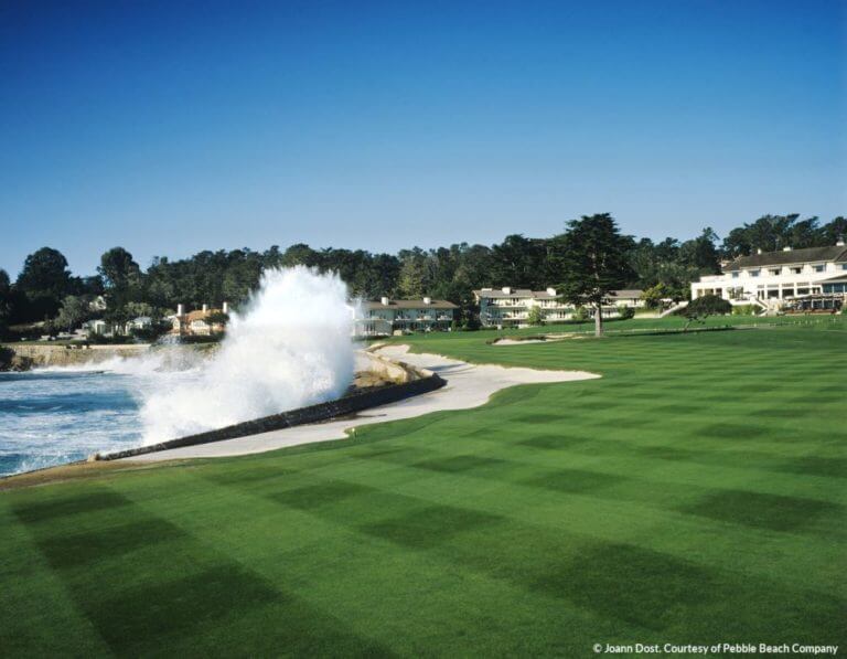 Image looking up the 18th fairway and roaring ocean, Pebble Beach, California, USA