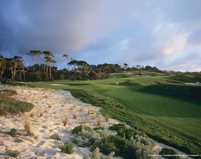 Image looking at the incline fairway and green at Pebble Beach, California, USA