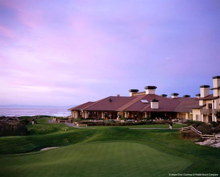 Image of the Inn at Spanish Bay plus the patio and green, Pebble Beach, California, USA