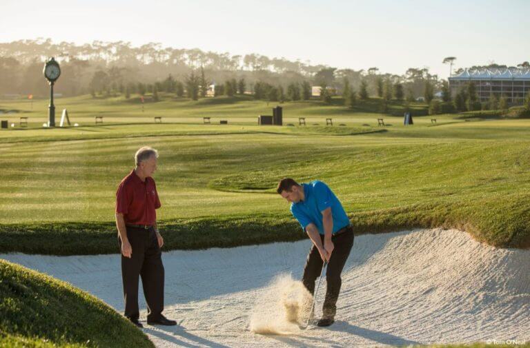 Image of practice facilities and a lesson at Pebble Beach, California, USA