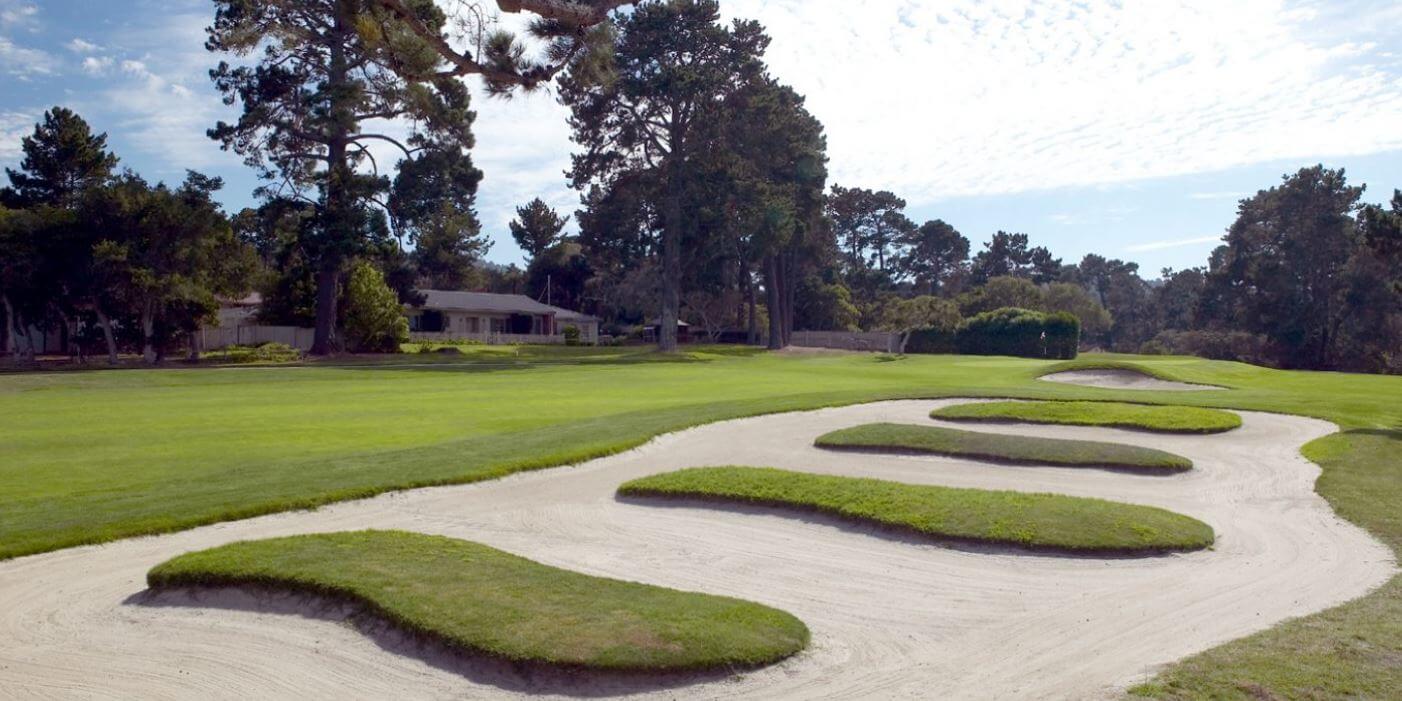 Image of island greens amongst a fairway bunker, Del Monte Golf Course, Pebble Beach, Monterey, California