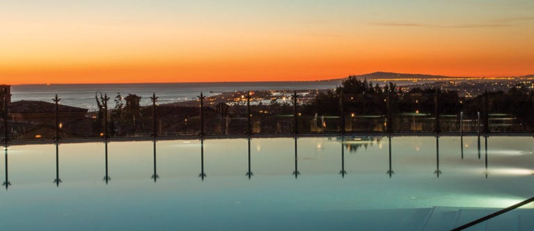 Image of the LA Skyline at dusk from Pelican Hill Resort, Newport, California, USA