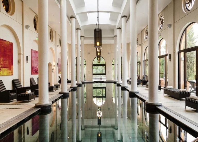 Displaying the inside swimming pool and Roman columns, Terre Blanche, Tourrettes, French Riviera