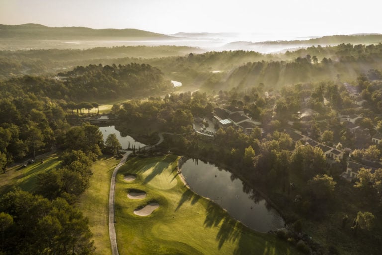 Early morning aerial image of Le Chateau golf course, Terre Blanche, Tourrettes, French Riviera