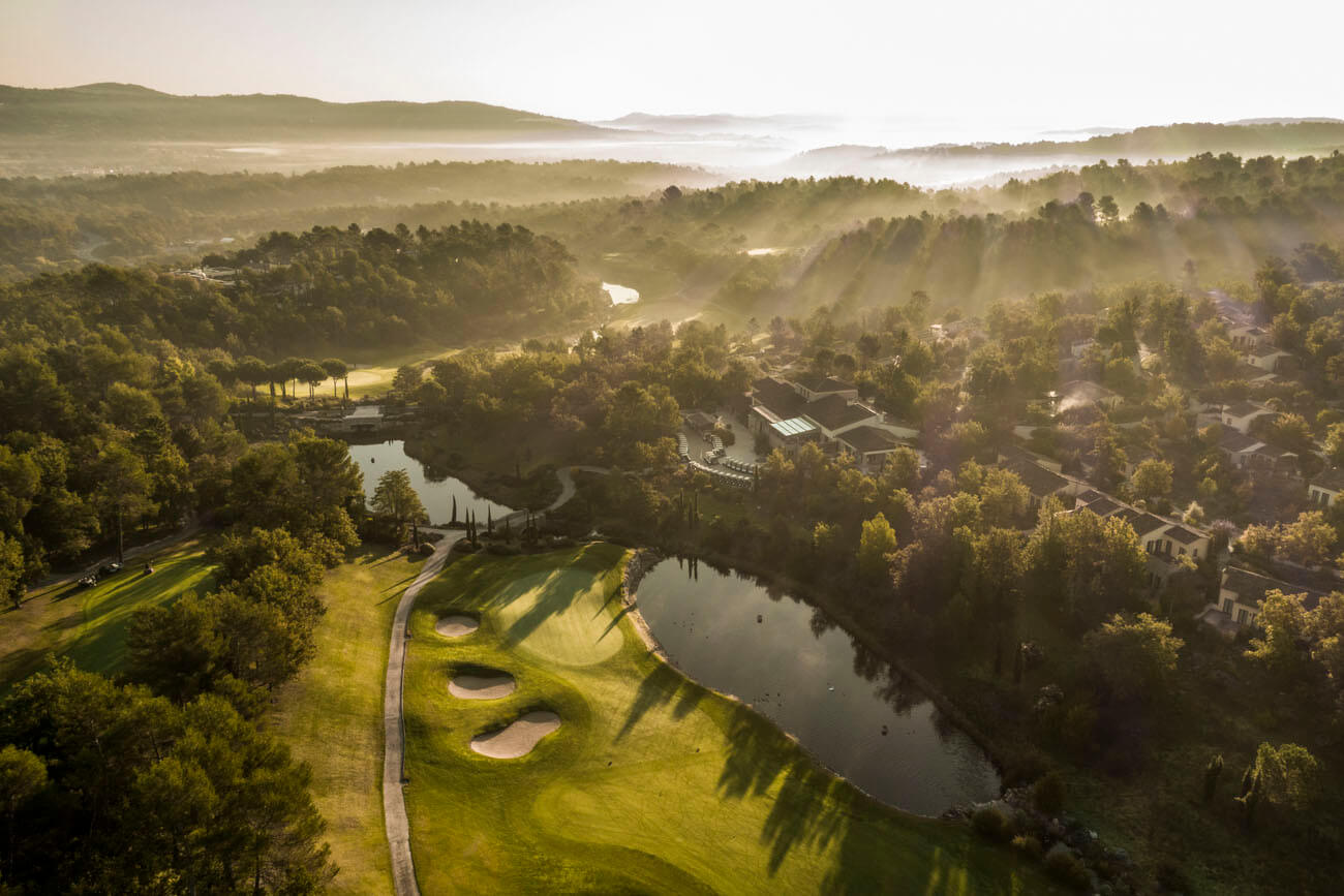 Early morning aerial image of Le Chateau golf course, Terre Blanche, Tourrettes, French Riviera