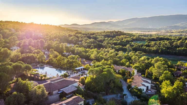 Aerial view of the the resort from above, Terre Blanche, Tourrettes, French Riviera