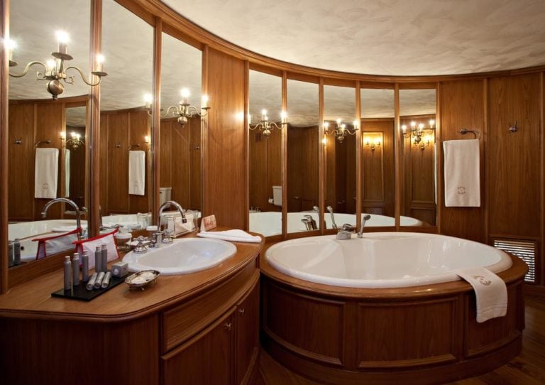 An oval bath awaits guests staying in the best suite at Chateau de Taulane, France.