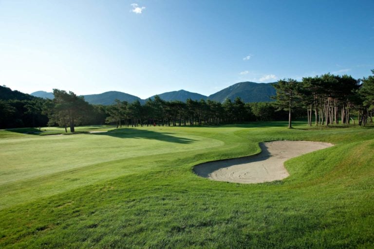 A view of the 16th hole and surrounding mountains at Chateau de Taulane, France.