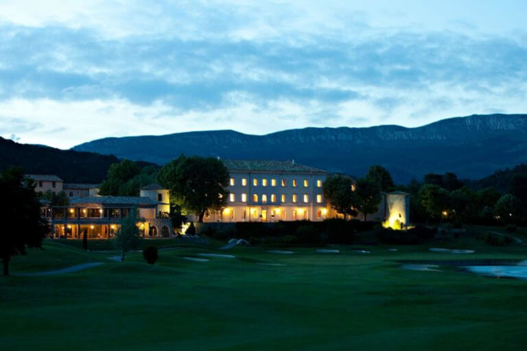 A twilight image of Chateau de Taulane, France.