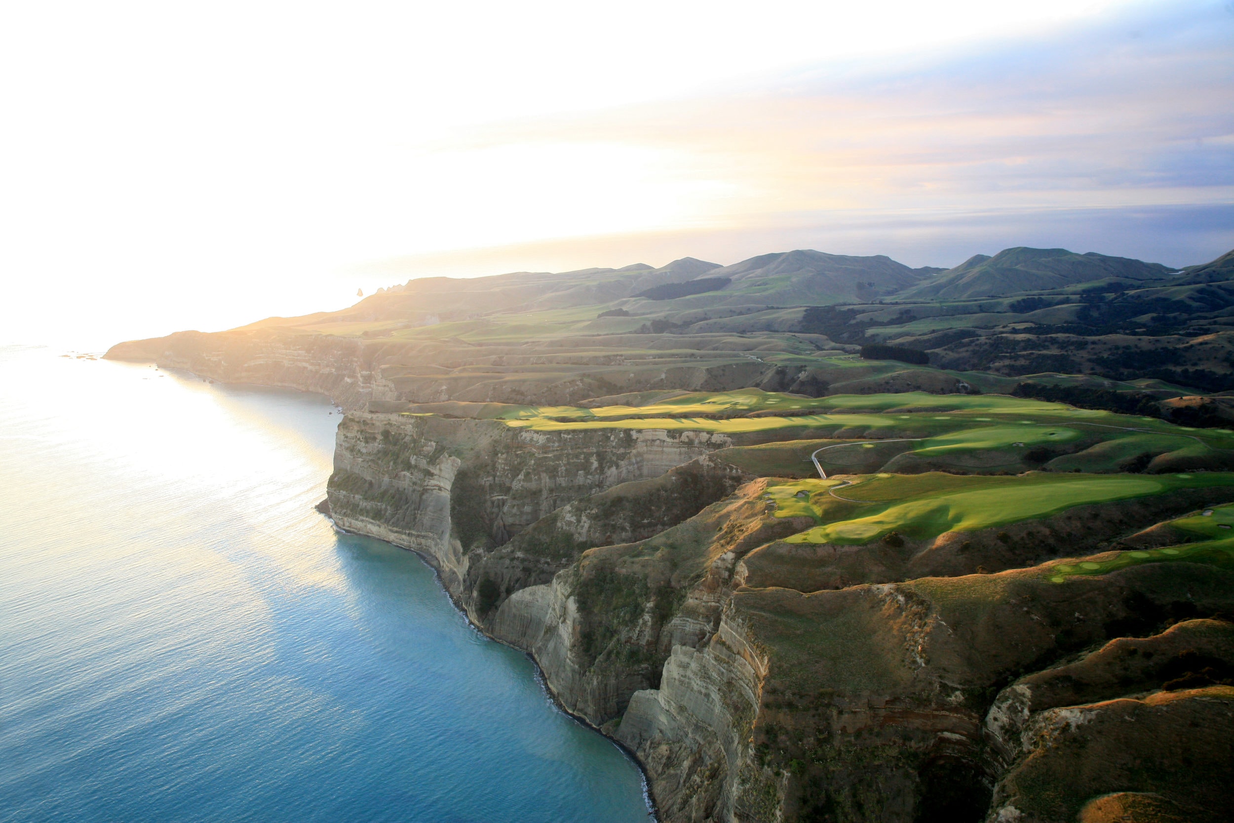 Aerial shot of the Golf Course at sunrise, Cape Kidnappers, Hawke's Bay, New Zealand