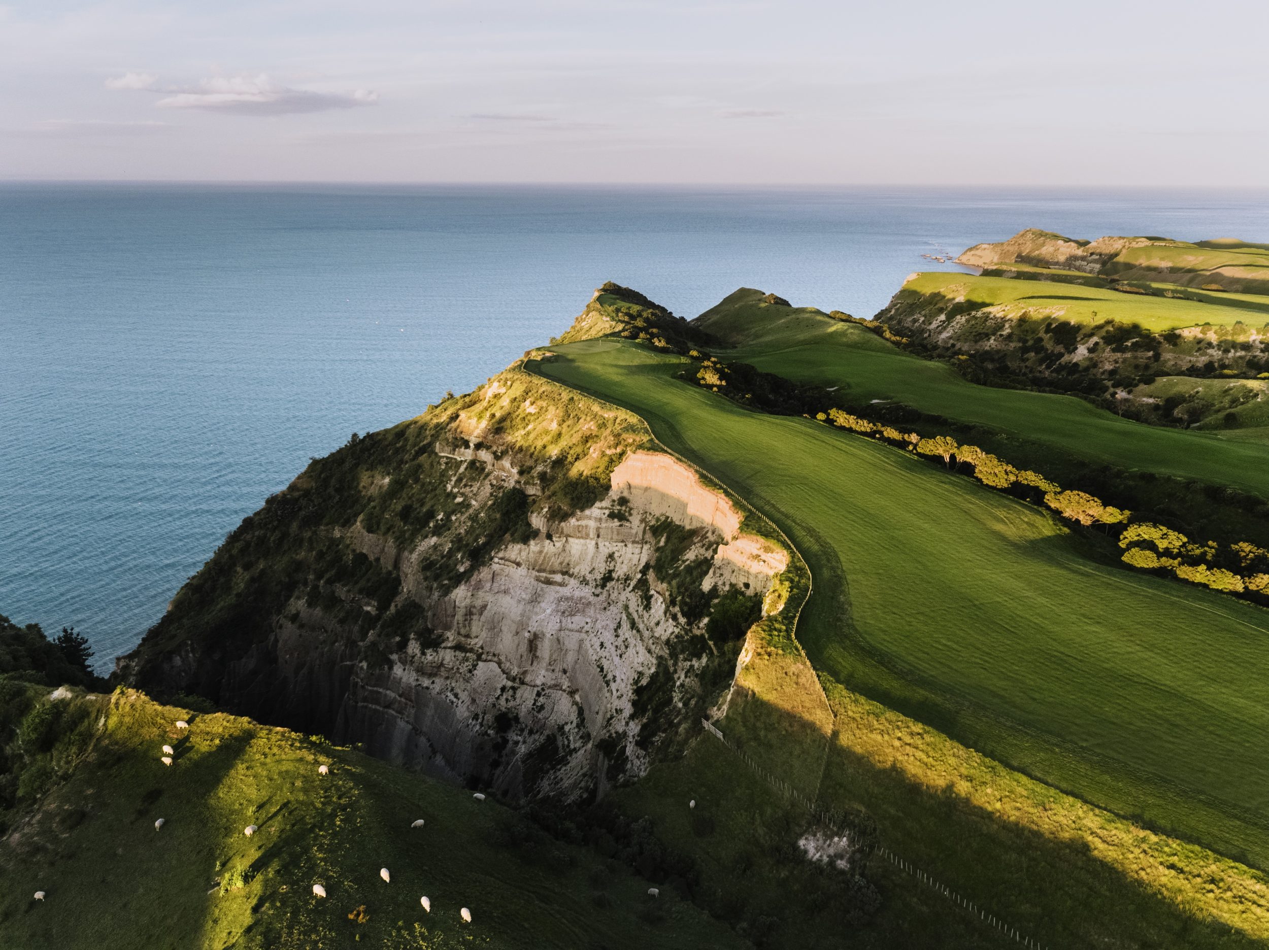 Aerial view at sunset over the golf course, Cape Kidnappers, Hawke's Bay, New Zealand