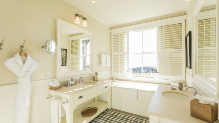 Inside a hilltop suite's bathroom, Cape Kidnappers, Hawke's Bay, New Zealand
