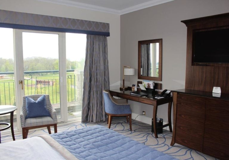 Depicting a writing desk in a Codra House Room, The Celtic Manor Resort, Usk Valley, Wales, United Kingdom