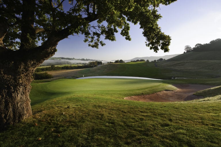 View of the 18th green on the Twenty Ten course, The Celtic Manor Resort, Usk Valley, Wales, United Kingdom