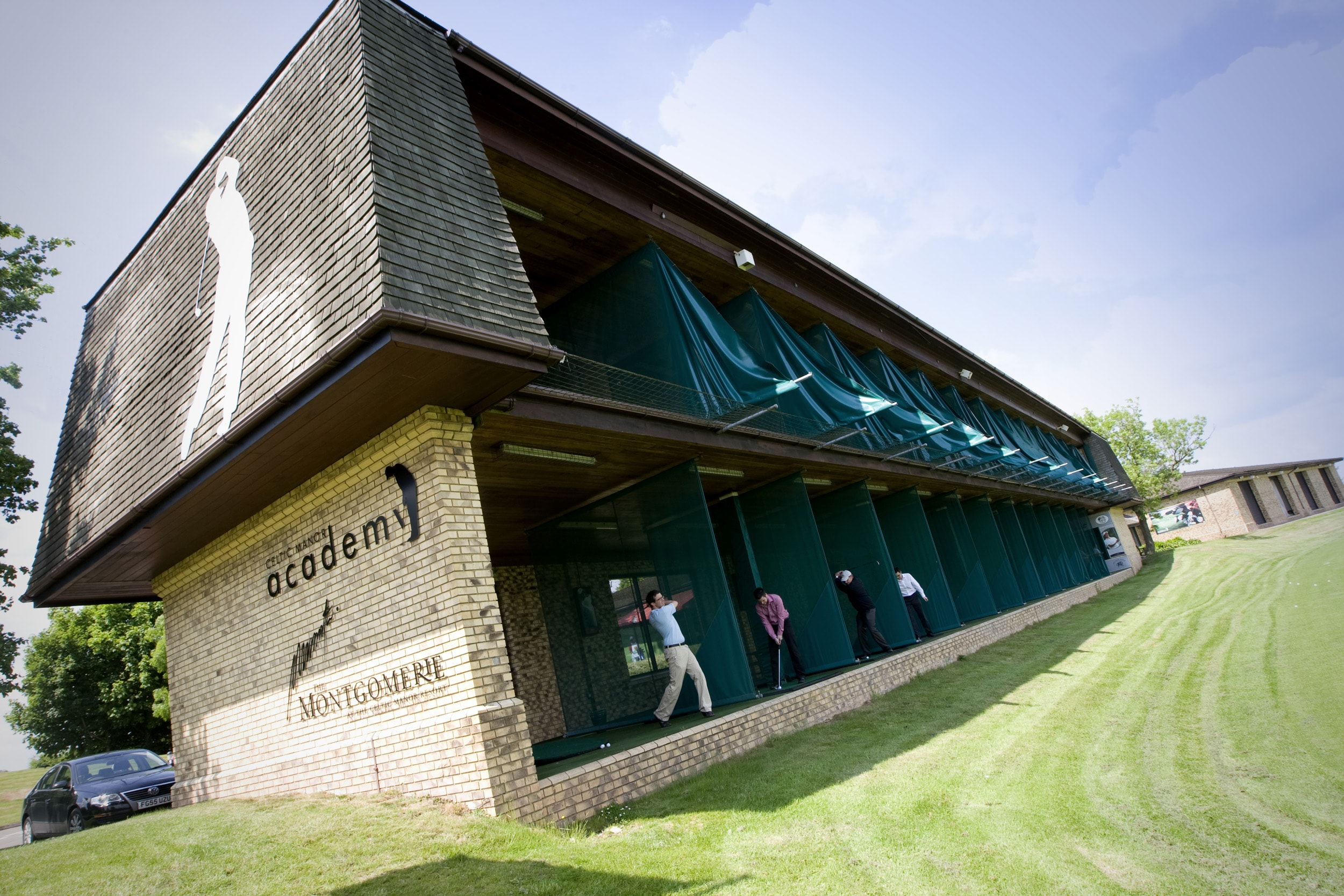Depicting the multi story golf driving range at The Celtic Manor Resort, Usk Valley, Wales, United Kingdom