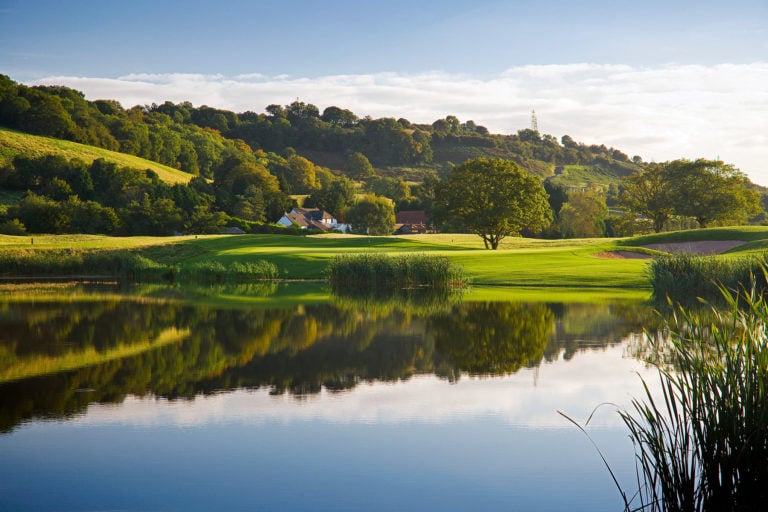 3rd Green from across the lake, The Celtic Manor Resort, Usk Valley, Wales, United Kingdom