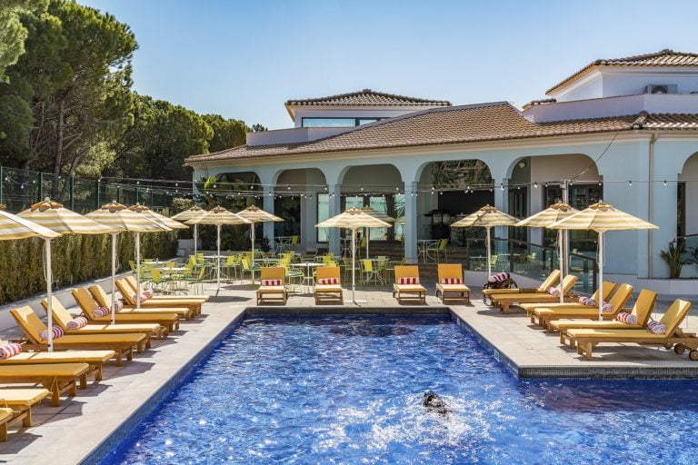 View of the outdoor pool area, The Magnolia Hotel, Quinta do Lago, Algarve, Portugal