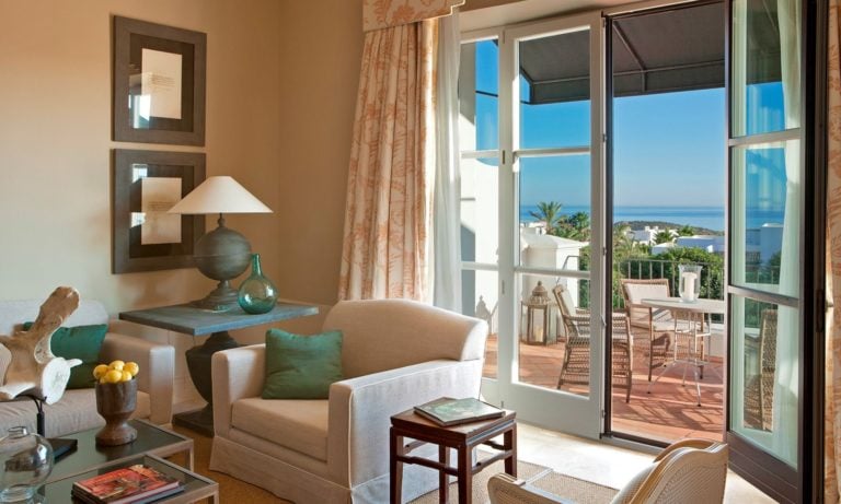 View of a bedroom balcony and ocean, Finca Cortesin, Casares, Malaga, Spain